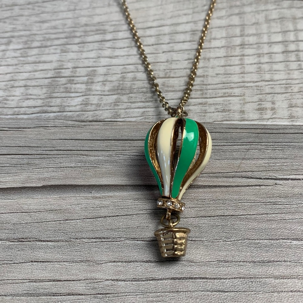 Hot Air Balloon Pendant Necklace Gold Tone Green Pink Enamel Rhinestone 30 Inch
